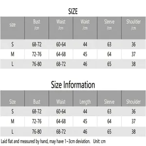 Size chart details for women clothing, showing bust, waist, length, sleeve and shoulder data.