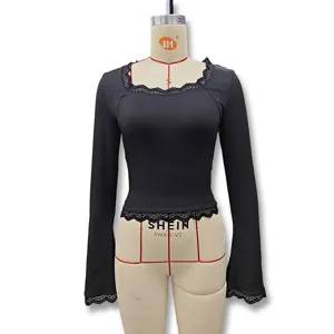 Women Long Sleeve Lace Trim Square Neck Black Top Autumn Slim Fit Casual Fashion Tee