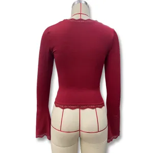 2025 autumn women long sleeve lace trim slim fit red top fashion casual versatile t-shirt