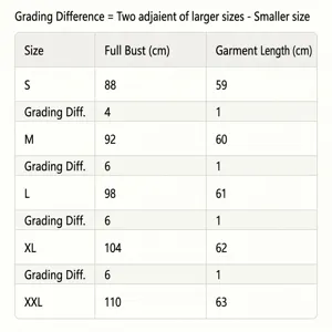 Grössentabelle für lässige Langarm-T-Shirts für Damen mit detaillierten Brust- und Längenmassen.