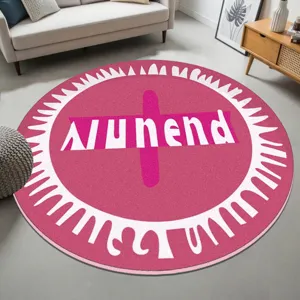 Round cashmere-like pink floor mat for cozy bedroom and living room decor details.