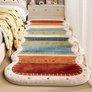 Cozy faux cashmere bedside rug with colorful stripes and wave edge for bedroom floor.