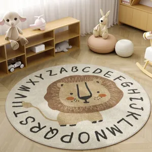 Süßer runder Teppich mit Alphabet und Löwenmotiv, weich und langlebig für Kinderzimmer.