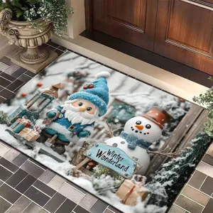 Christmas crystal velvet doormat detail view, featuring festive gnome and snowman design.