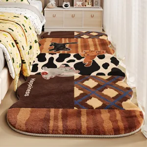 Cute cartoon plush bedside rug, soft imitation cashmere floor mat for bedroom and cozy home decor.