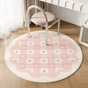 Cream style round imitation cashmere rug, pink checkerboard heart design, soft bedroom carpet.