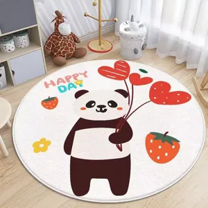 Detailaufnahme vom runden Panda Kaschmir-Teppich, gemütliche Kinderzimmer Deko Bodenmatte.