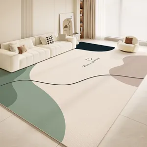 Detail view of modern minimalist abstract pattern PVC waterproof floor rug in cozy living room.