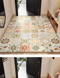 PVC anti-slip hallway mat with retro tile pattern, waterproof entryway rug for home use.