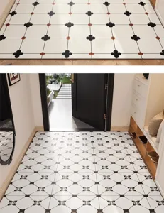 PVC floor mat detail shot showing waterproof and easy-to-clean geometric clover pattern.