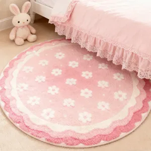Round Faux Cashmere Floor Mat Creamy Style Scallop Edge Printed Bowknot Animal Pattern Non Slip Bedside Rug For Bedroom Living Room