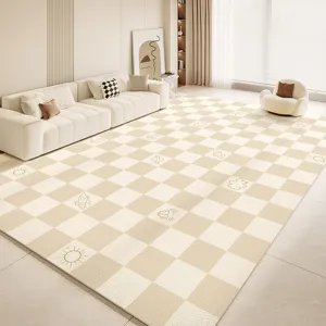 Large beige checkered PVC floor mat, waterproof easy clean play mat for living room.