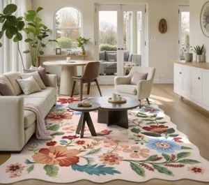 Detailansicht des unregelmäßigen Vintage-Blumen-Teppichs im modernen hellen Wohnzimmer
