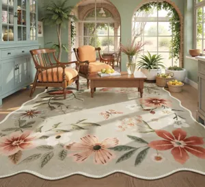 Vintage Blumen unregelmäßiger Teppich Detailansicht, stilvolle Wellenkanten Matte für Wohnzimmer.