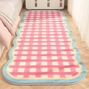 Pink white checkered bedside runner rug with wavy edge, soft fluffy imitation cashmere mat.