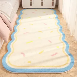 Cozy fluffy long bedside runner rug featuring a cute wavy edge and colorful sprinkles detail.