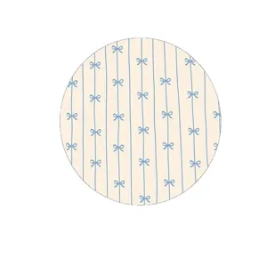 Round faux cashmere rug with cute blue bow stripes, soft bedroom and living room floor mat.