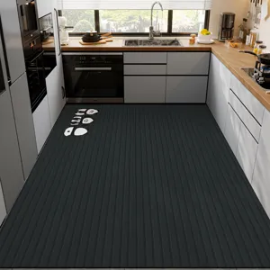 Kitchen floor mat detail view, dark grey striped anti-slip mat with cute panda pattern.