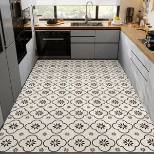 Modern kitchen floor mat with black and white floral pattern anti-slip waterproof mat