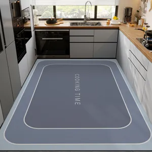 Kitchen floor mat detail, waterproof, anti-slip diatomite material, modern grey blue style.