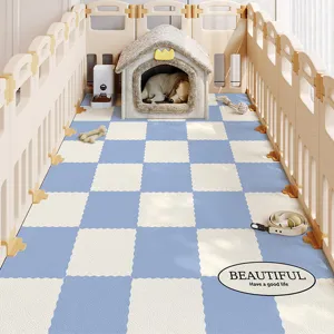 Detail shot of the waterproof PVC pet mat with blue white checkered design, easy daily use.