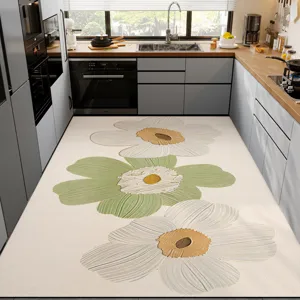 Modern minimalist kitchen floor mat featuring large floral design, highly absorbent and easy clean.