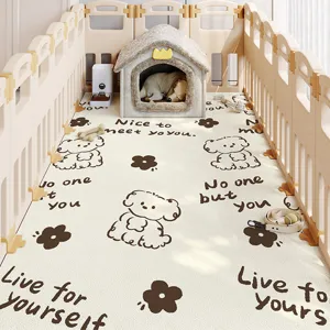 Detailed view of the waterproof PVC pet mat with cute puppy prints for indoor playpens.