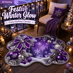 Cozy Christmas decorative floor mat with a festive purple winter holiday design and white snowflakes.