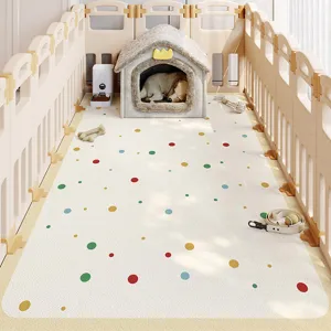 Minimalist PVC waterproof pet mat with colorful dots, easy to clean noise reduction pad.