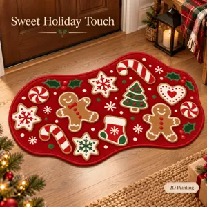 Cozy Christmas themed cashmere-like floor mat with festive gingerbread and candy patterns.