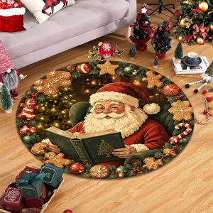 Round Christmas crystal velvet carpet, Santa Claus reading book pattern, cozy living room floor mat.