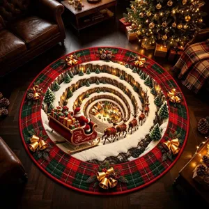 Round Christmas crystal velvet rug 3D spiral Santa Claus pattern living room floor mat decoration