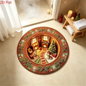 Christmas decorative crystal velvet round floor mat with 3D illusion pattern for home decor.