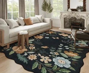 Vintage Blumen Teppich mit unregelmässigen Wellenrändern für Wohnzimmer und Schlafzimmer.