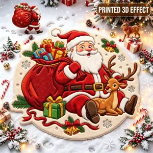 Weihnachten runder Kaschmir-Teppich Detail mit 3D Weihnachtsmann und Rentier für gemütliches Zimmer.