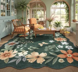 Detailansicht des unregelmäßigen Vintage Blumen Teppichs für Wohnzimmer und Schlafzimmer.