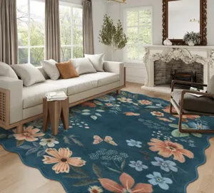 Detailansicht des unregelmäßigen Retro-Blumen-Teppichs mit kunstvollen blauen Mustern.