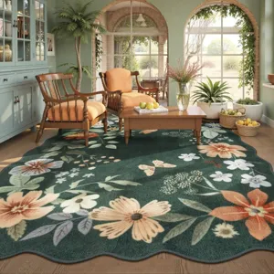 Unregelmäßiger Amerikanischer Retro Blumen Teppich Kaschmir-Imitat Wellenkante Wohnzimmer Schlafzimmer Rutschfester Bedruckter Deko Teppich