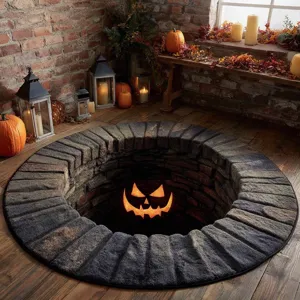 Halloween 3D stone well illusion rug detail featuring glowing pumpkin face in cozy room setting.