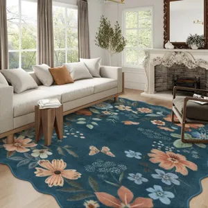 Unregelmäßiger Retro-Blumen-Teppich für das Wohnzimmer, blauer Vintage-Teppich mit welligen Kanten.