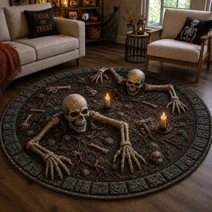 Halloween 3D illusion round carpet rug, spooky skull design floor mat for living room bedroom decor.