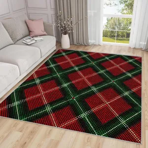 Weihnachten Karomuster Dekorativer Teppich Kaschmir-Imitat Bedruckt Waschbare Bodenmatte Für Wohnzimmer Schlafzimmer Festliche Deko