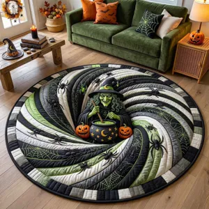 Halloween 3D optical illusion circular rug with witch and spider pattern for living room decor.