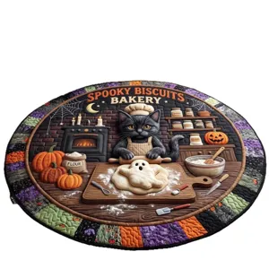 Halloween 3D visual round decorative rug, soft black cat baking pattern mat for bedroom.