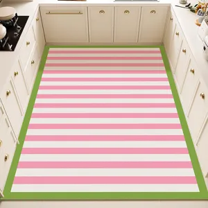 Alfombra de cocina a rayas rosa y blanca minimalista impermeable fácil de limpiar.