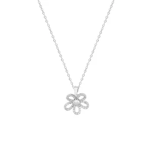Silver tone openwork flower pendant necklace sparkling crystal delicate chain chic jewelry