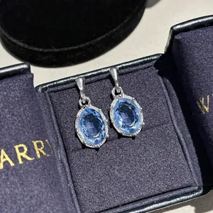 Eleganti orecchini pendenti con cristallo blu ovale primo piano, luminoso gioiello in argento.