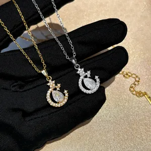Elegante Stern Mond Zirkonia Anhänger Halskette, Luxus Gold Silber Schlüsselbeinkette Damen.