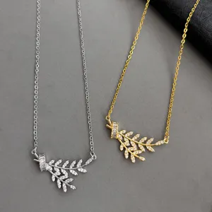 Detailed close-up view of the elegant wheat leaf zircon steel necklace feature.