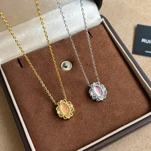 French vintage cat eye stone lace pendant necklace elegant collarbone chain jewelry detail